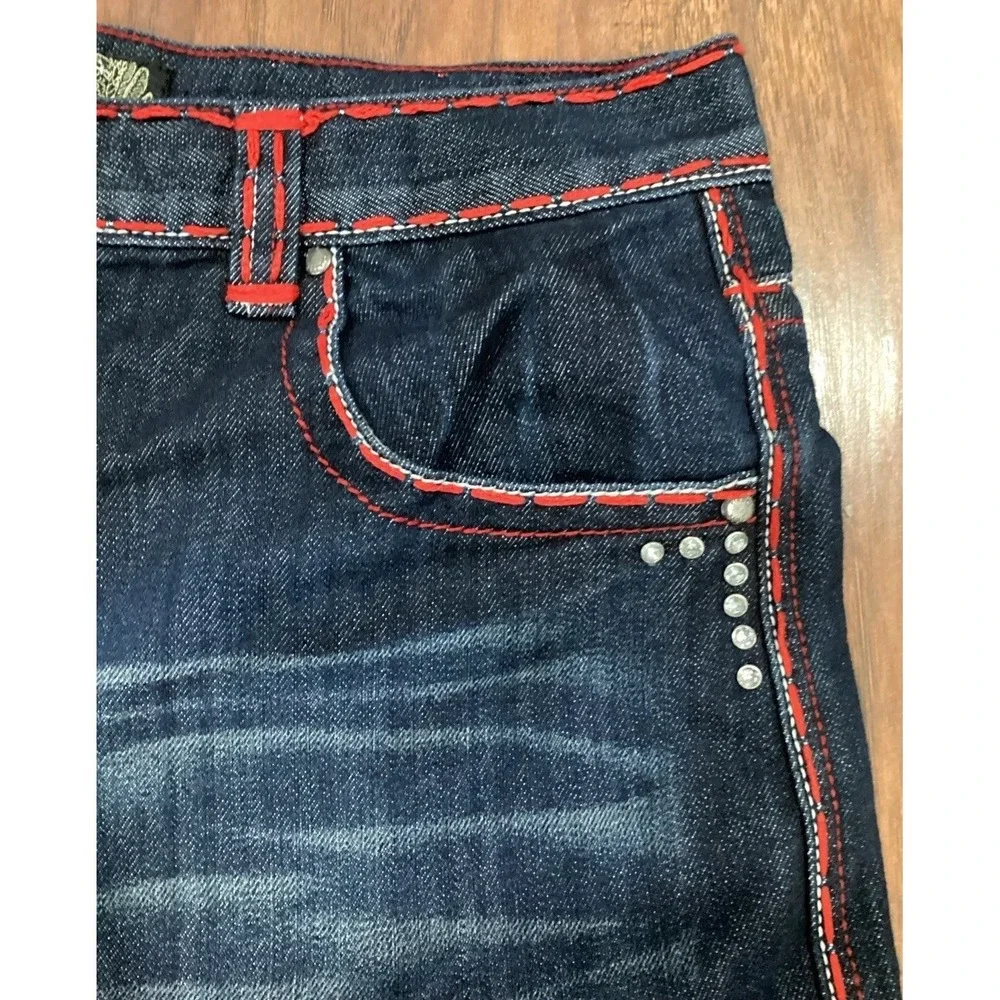 Direct Blue Denim Jean  Shorts 36 Y2K Baggy Embroidered Pockets With Rhinestones